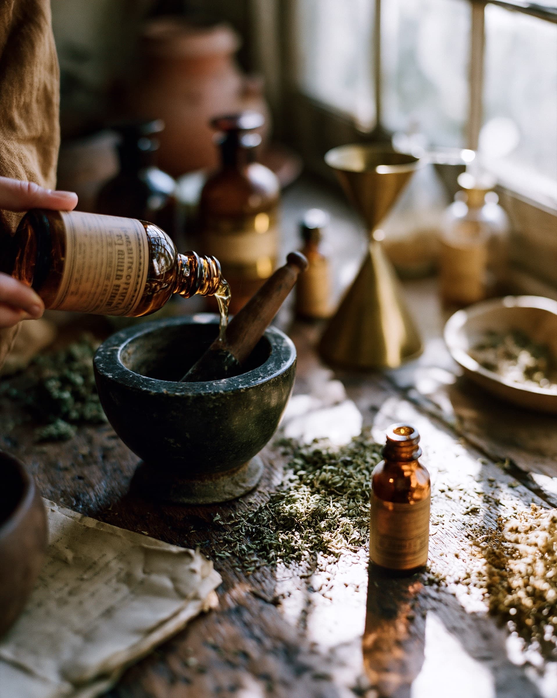 Hand-compounding a herbal tincture, amber dropper, stone mortar and dried herbs