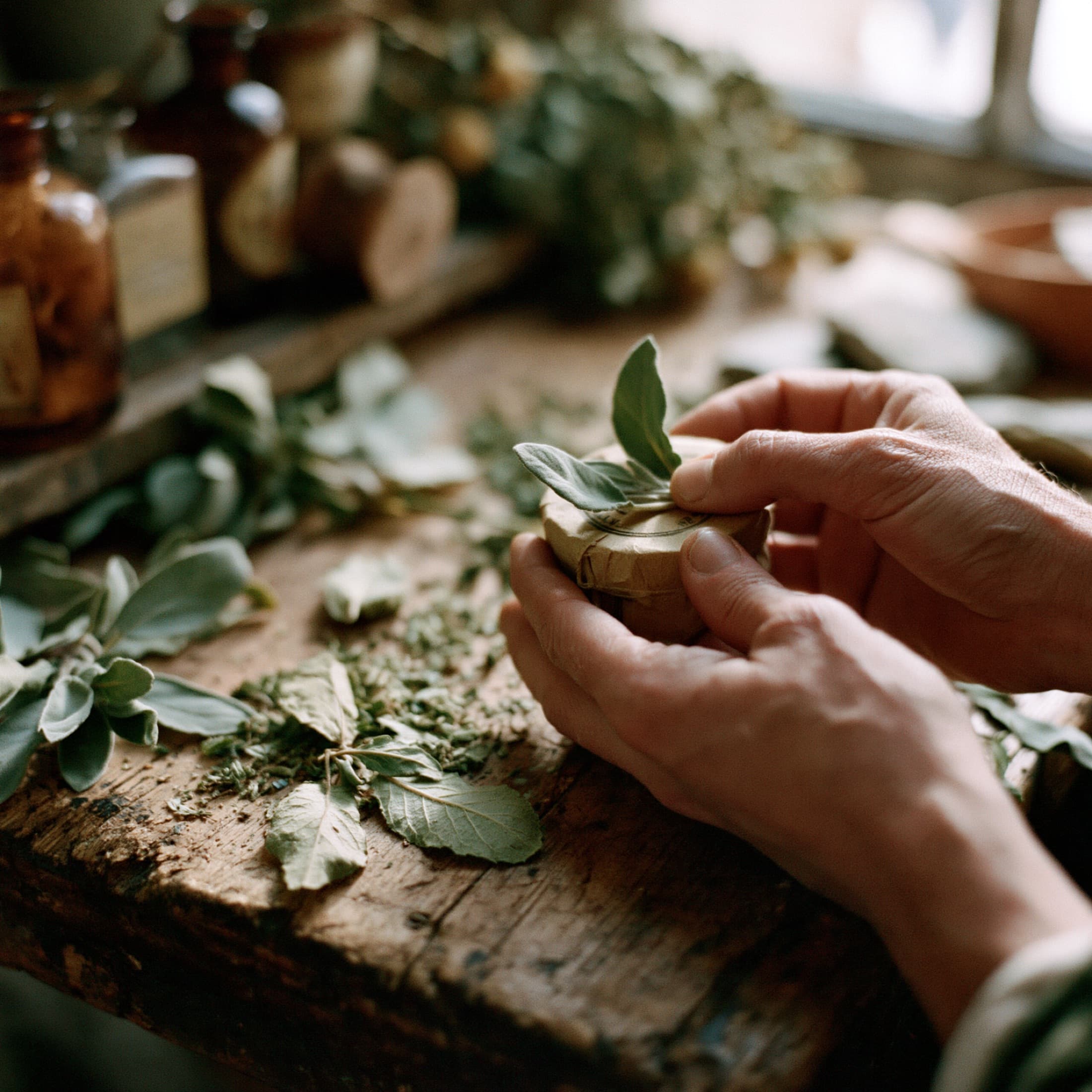A practitioner's hands selecting fresh herbs at a timber bench