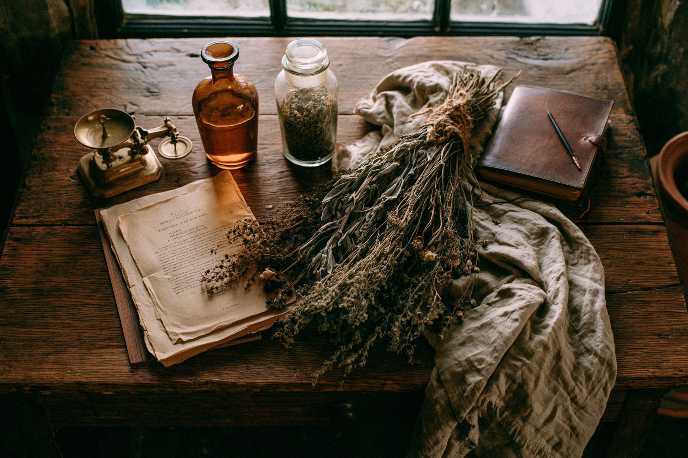Leyla Oxley's apothecary bench, amber bottles, dried herbs, brass scales and an open formulary