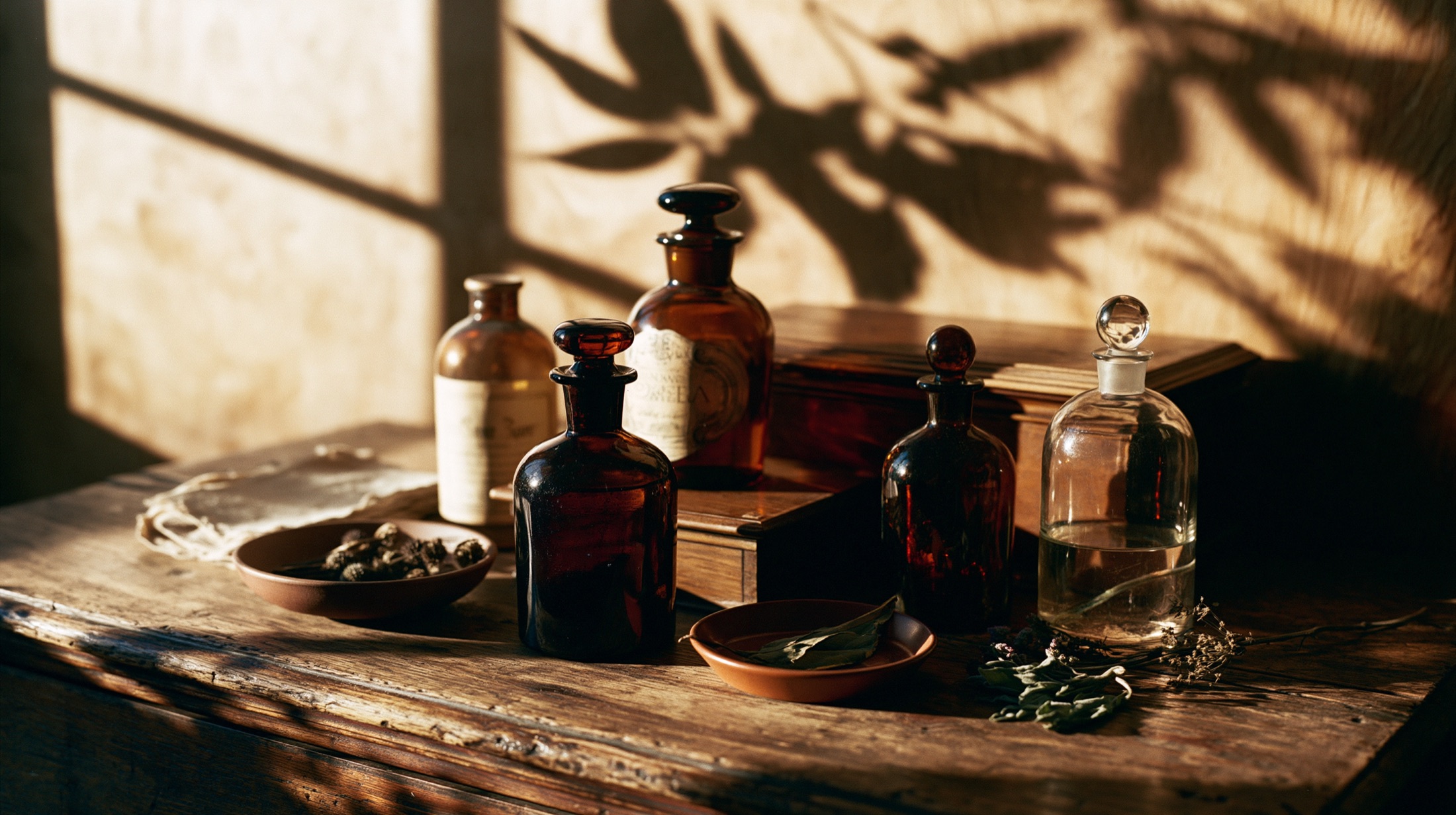 Apothecary bottles and dried botanicals on a worn table, soft leaf shadows in warm light