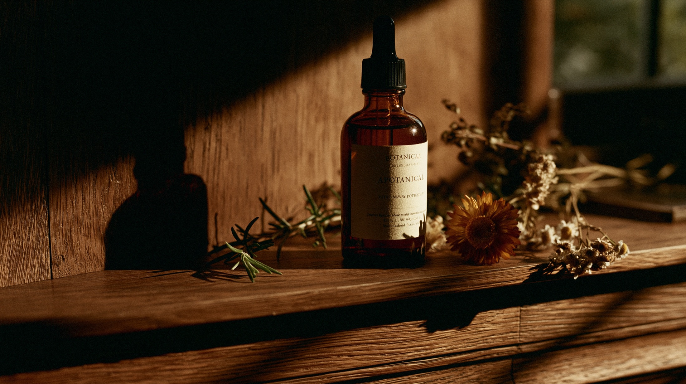 A labelled amber dropper bottle with rosemary and calendula on a windowsill