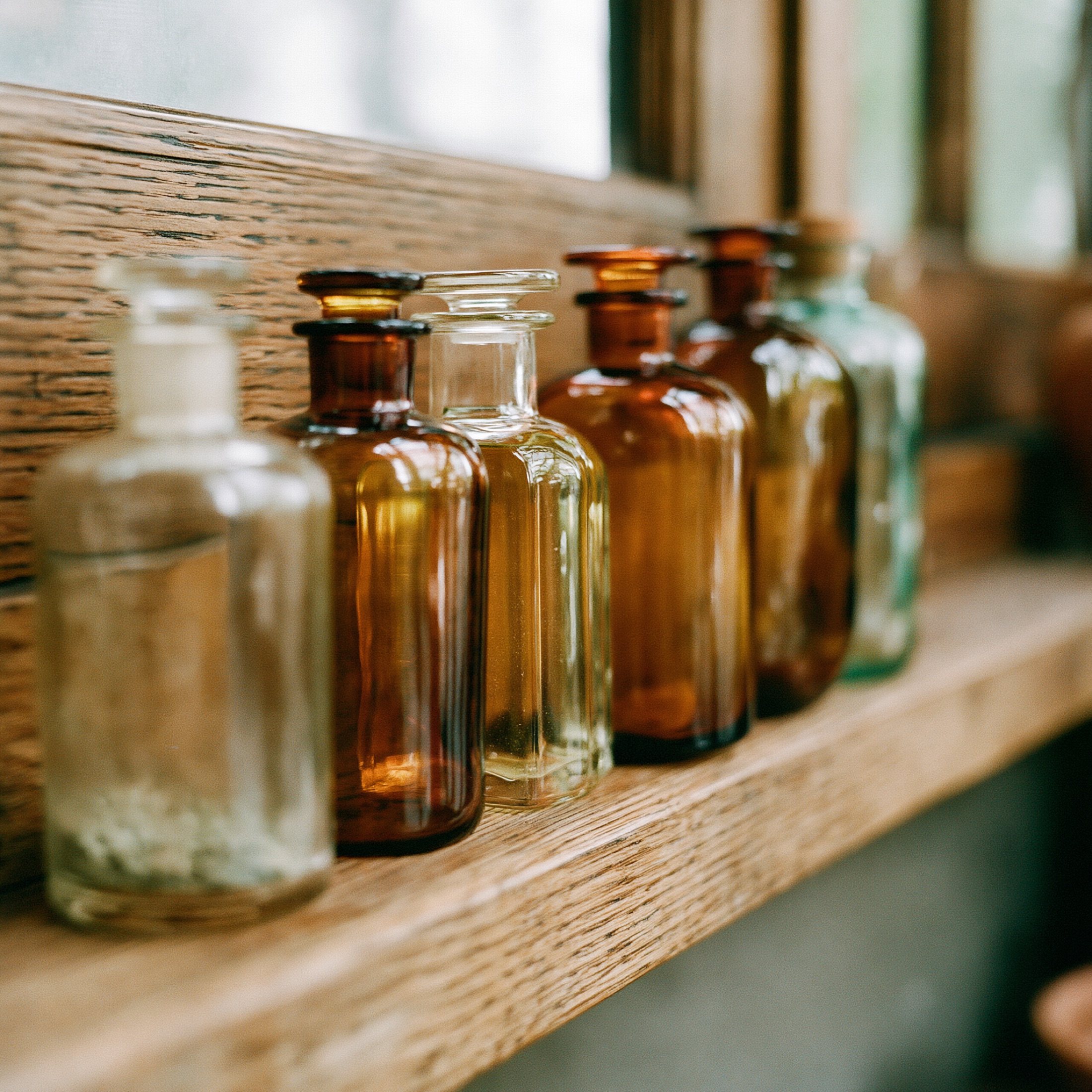 Antique apothecary bottles lined along a timber shelf