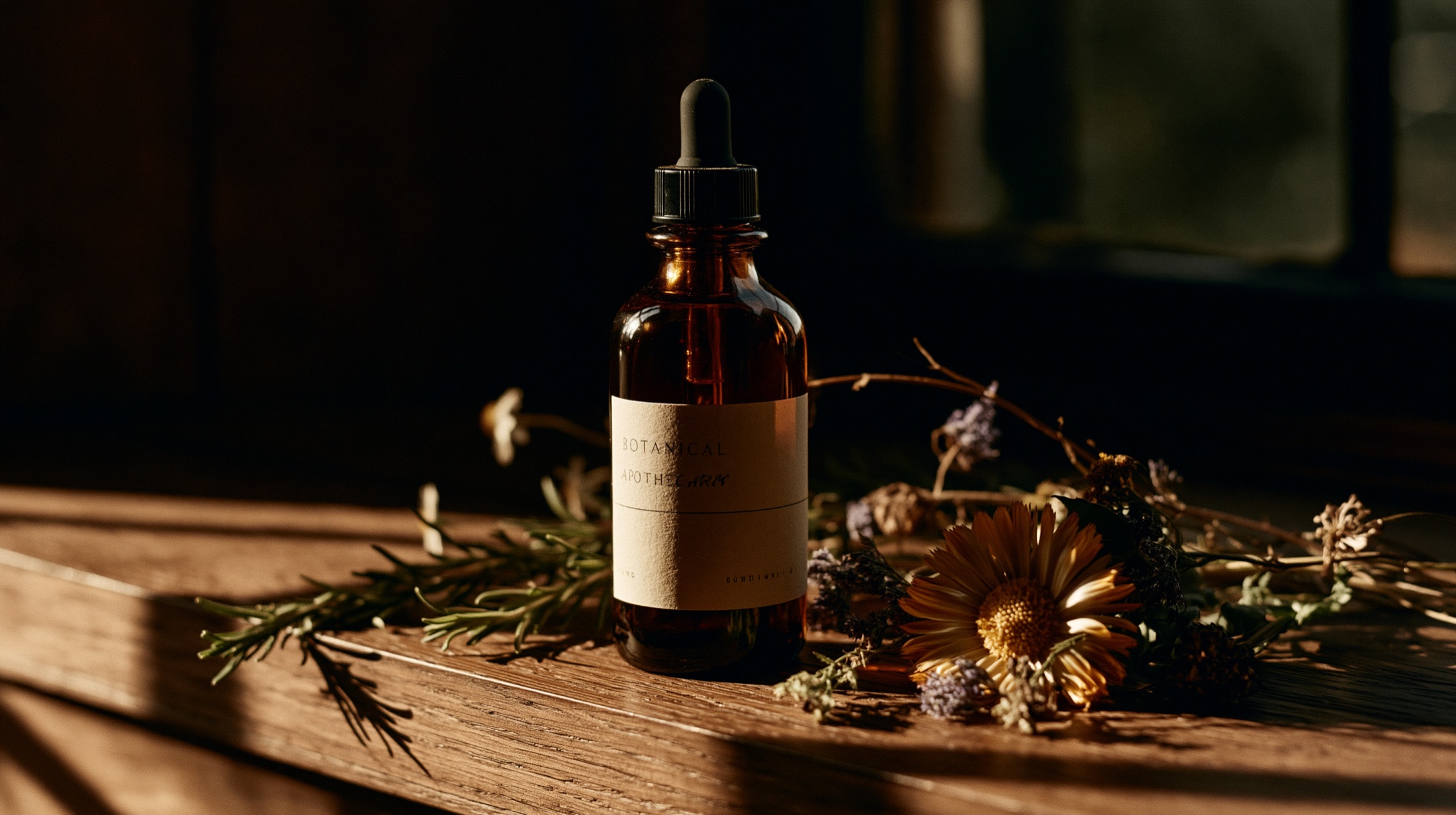 An amber dropper bottle with dried calendula and rosemary on dark timber
