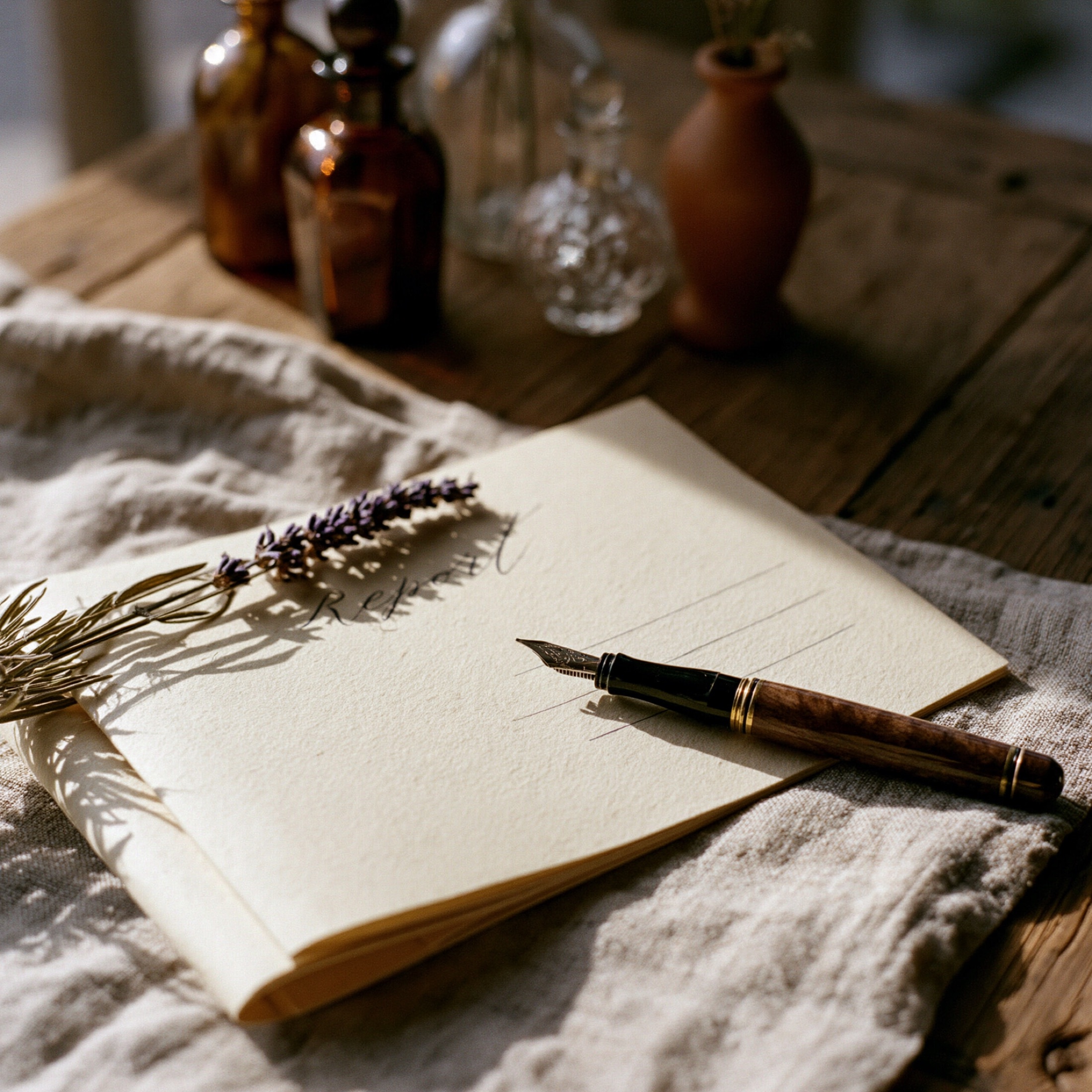 A handwritten plan with a fountain pen, lavender and amber apothecary bottles